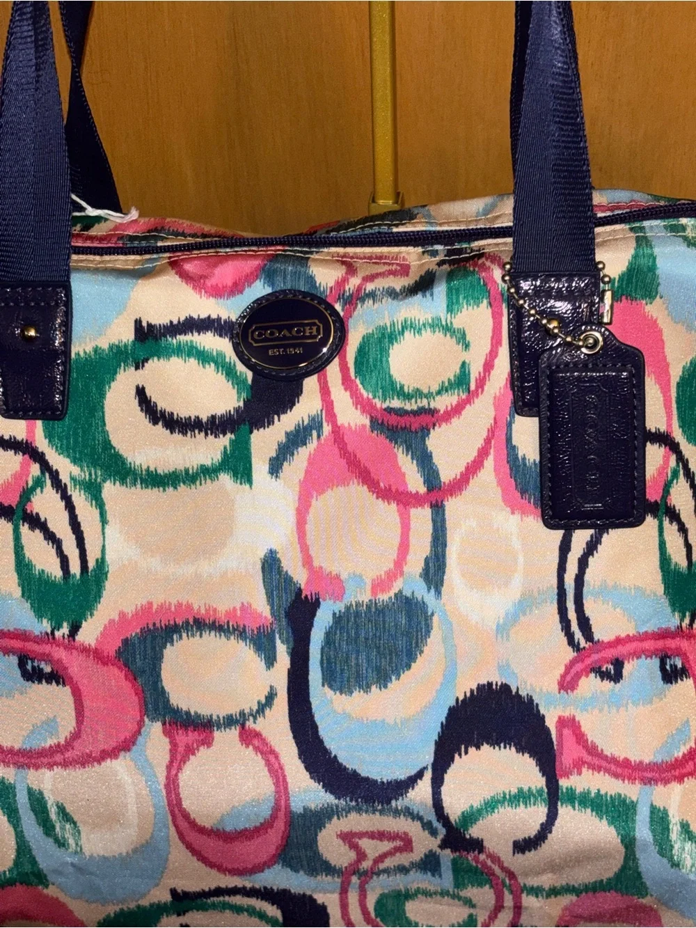 Coach Multicolor Signature Circle Print Tote with Navy Straps